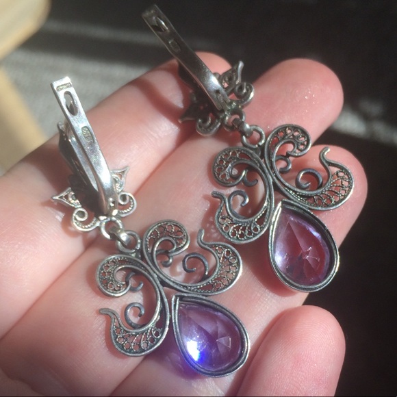 Filigree earrings 925 silver with purple stone - Picture 4 of 14